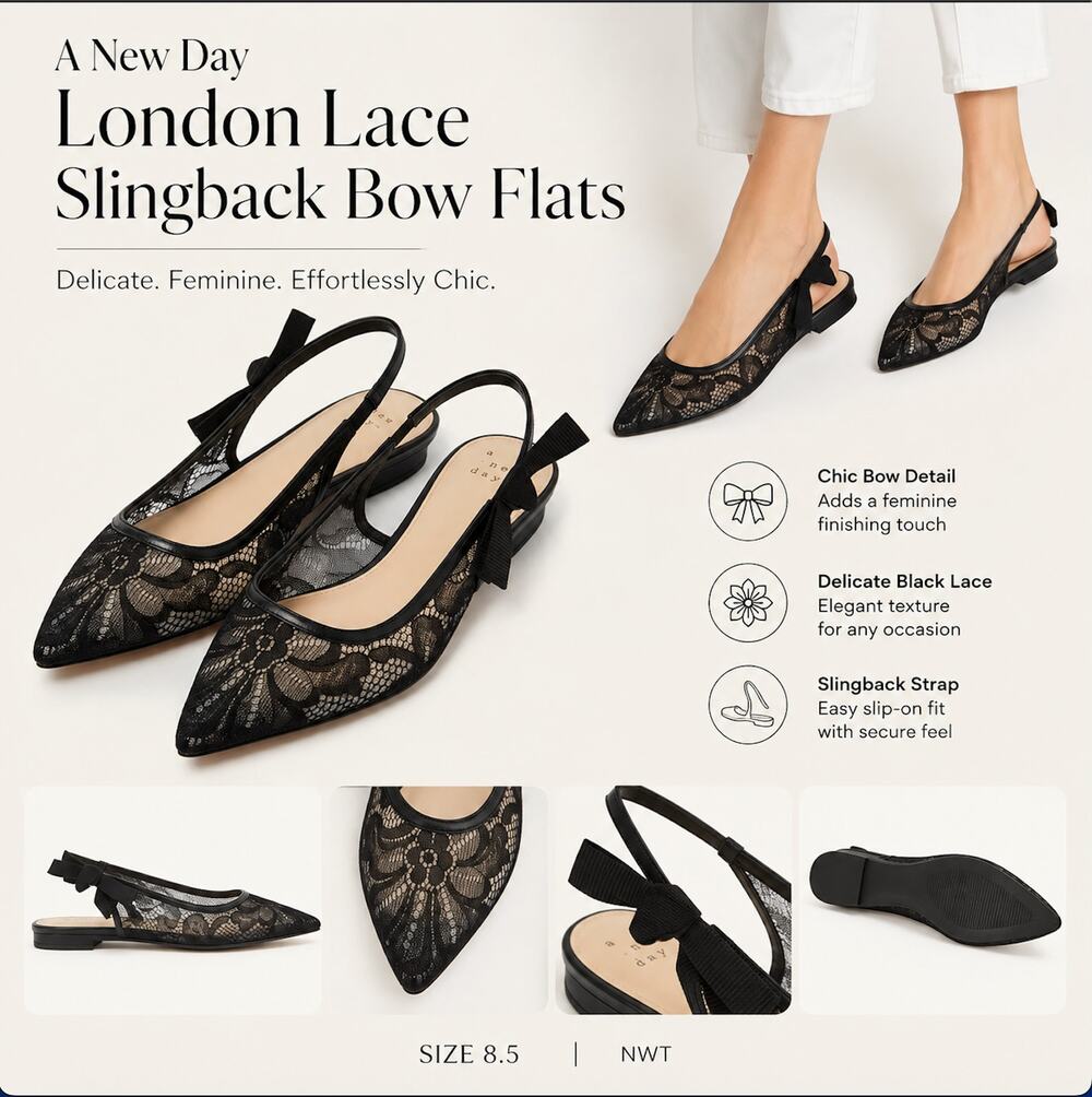 A New Day London Lace Slingback Bow Flats NWT Size 8.5